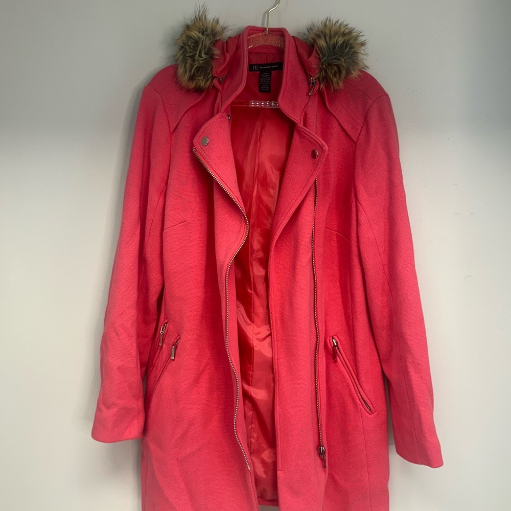 INC International Concepts Coral Pink Women's Coat with Faux Fur Trim large